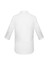 A white women's button-up shirt with 3/4 sleeves, featuring a collar and roll tab detailing.