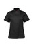 A black short sleeve chef jacket featuring a mandarin collar and a logo on the chest.