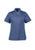A short sleeve chef jacket in navy blue with a fitted design and a logo on the side.