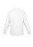 A white long sleeve button-up shirt featuring a slim fit design and full-length sleeves. It has a logo on the back.