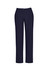 Navy women's straight leg pants with a comfort waist, featuring two front pockets and a button closure.