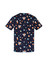 A navy scrub top featuring colourful space-themed prints, including astronauts, rockets, and planets, with a logo.