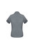 A short-sleeve button-up shirt in grey with rolled cuffs and a back view. Features a logo.