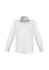 A long sleeve button-up shirt in white featuring a pocket and a logo on the collar.