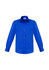 A vibrant blue long sleeve button-up shirt with a single pocket and a collar, featuring branded details.