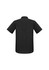 A black short sleeve button-up shirt with a collar, featuring a back view and a branding logo.