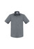A grey short sleeve button-up shirt with a pocket and a collar, featuring a logo on the label.