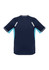 A navy blue short sleeve tee with light blue accents and reflective details, featuring a logo on the back.
