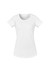 A white women's t-shirt with a round neckline and short sleeves, featuring a slight taper at the waist.