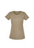 A light olive green women's T-shirt with a round neckline and short sleeves, featuring a small logo.