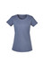 A blue women's T-shirt with short sleeves and a round neckline. It features a logo on one side.