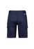 Men's navy shorts featuring cargo pockets and an elastic waistband. The back view highlights the design and logo.