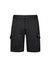 Men's black work shorts featuring side pockets and a logo. Suitable for comfort and durability in work settings.