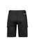 A pair of black work shorts featuring cargo pockets and a branded logo on the back.