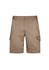 A pair of khaki work shorts featuring side pockets and a waistband with a logo. Suitable for workwear.