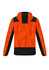A reinforced knit hoodie in orange and black, featuring a hood and a logo.