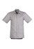 A light grey short sleeve work shirt with two chest pockets and a logo on the upper neckline.
