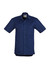 A navy short sleeve shirt with a collar and two front pockets. Features branding on the inner label.