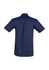 A navy short sleeve shirt with a back pleat and a logo, designed for work environments.