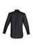 A black long sleeve shirt with a button-down collar and an upright back pleat. It features buttons on the cuffs and has a logo.