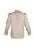 A beige long sleeve shirt with a back pleat and buttoned cuffs, featuring a logo. Ideal for workwear.