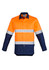 A men's long sleeve work shirt featuring orange and navy fabric with reflective hoop tape. It has a logo on it.