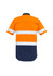 A short sleeve shirt featuring a vibrant orange upper with navy blue lower sections and reflective tape bands.