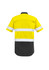 A yellow and black short sleeve shirt with reflective tape, featuring a logo on the upper back.