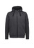A unisex zip front multi-pocket hoodie in dark grey with a hood and front pockets, featuring a logo on the sleeve.