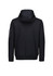 A black unisex zip front hoodie with a multi-pocket design and a hood, featuring a logo on the sleeve.
