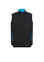 A black vest with a blue inner lining, featuring a full zipper and two zippered pockets, with a logo.