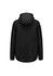 A black women's jacket with a hood and long sleeves, featuring a plain design and a logo on the back.