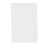A white A5 notebook with a textured cover, an elastic band closure, and a ribbon bookmark. It features a logo.