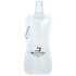 A drink bottle in clear plastic with a spray nozzle and a carabiner clip features branding on the side.