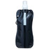 A drink bottle in black with a flexible design, featuring a nozzle and a carabiner clip for attachment.