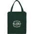 A green non-woven grocery tote bag with sturdy handles and a logo on the front.