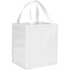 A white non-woven grocery tote with sturdy handles and a rectangular shape, featuring a logo.
