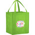 A bright green reusable grocery tote bag with two handles and a logo on one side.