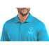 A vibrant turquoise polo shirt for men, featuring a collar and a logo on the chest.