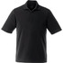 A black short sleeve polo shirt with a collar and button placket, featuring a logo on the chest.