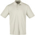 A men's short sleeve polo in a light beige colour, featuring a collar and three buttons, with a logo.