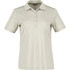 A light beige women's polo shirt with a collar, short sleeves, and a button placket, featuring a logo on the chest.