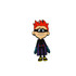 A cartoon character with red spiky hair, wearing a black outfit, gloves, and yellow shoes, stands smiling.