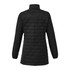 A black women's puffer jacket with a packable design, featuring a collar and long sleeves, shown from the back.