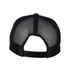 A black and grey trucker cap featuring a mesh back and adjustable snap closure. Contains a logo on the front.