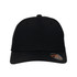 A black trucker cap featuring a mesh back and a rounded visor, with a logo on the front.
