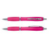 A translucent pink plastic pen with silver accents, featuring a smooth barrel and clip design.