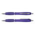 A translucent purple pen with silver accents, featuring a sleek design and a clip. Includes two views of the pen.