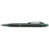 A metal pen in black with a textured grip and shiny accents, featuring a clip and a logo.