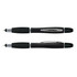 A multi-function pen in black with silver accents, featuring a sleek design and a branded logo.